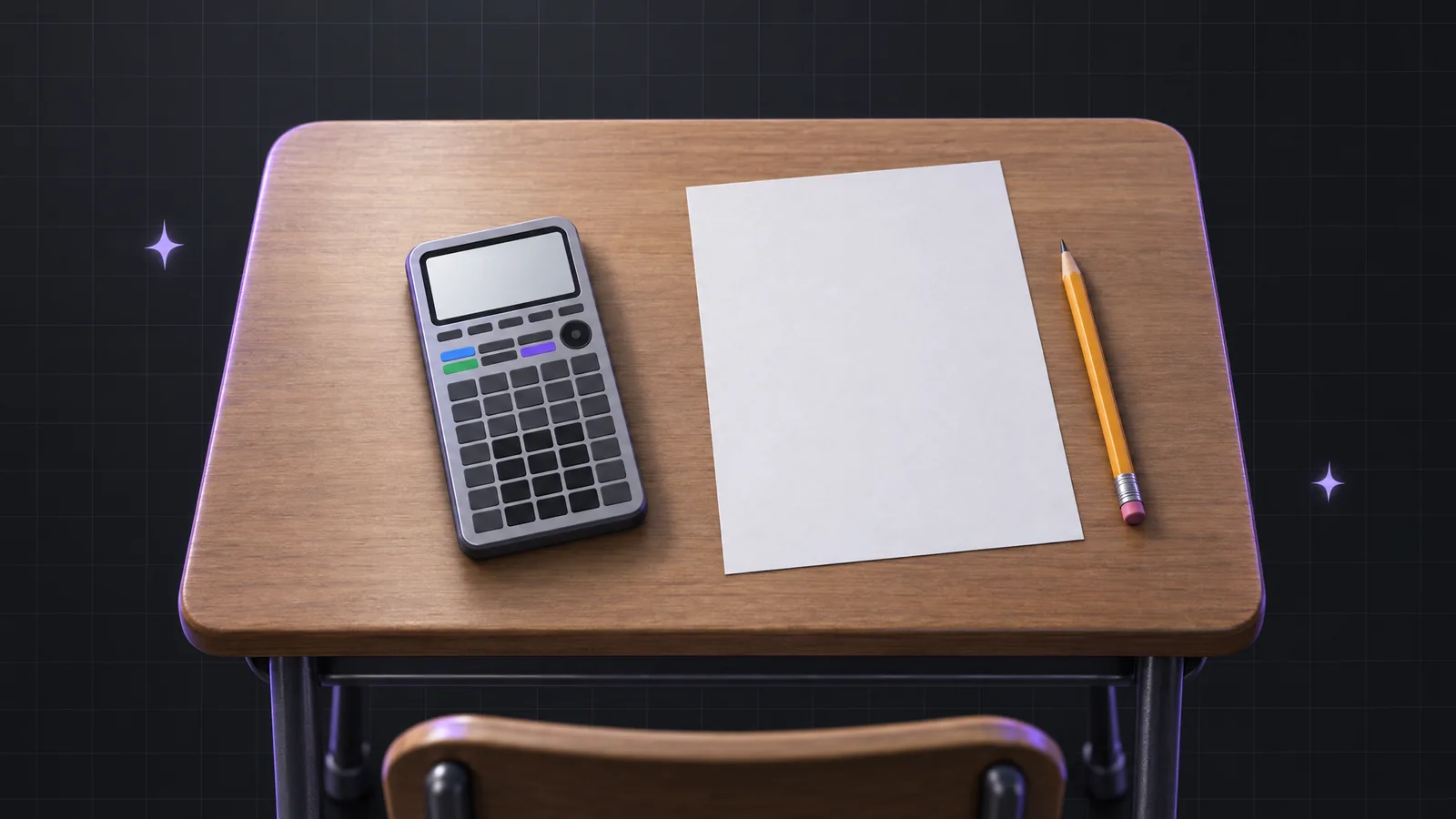 A blank graphing calculator on an empty wooden exam desk next to a blank answer sheet and a sharpened pencil