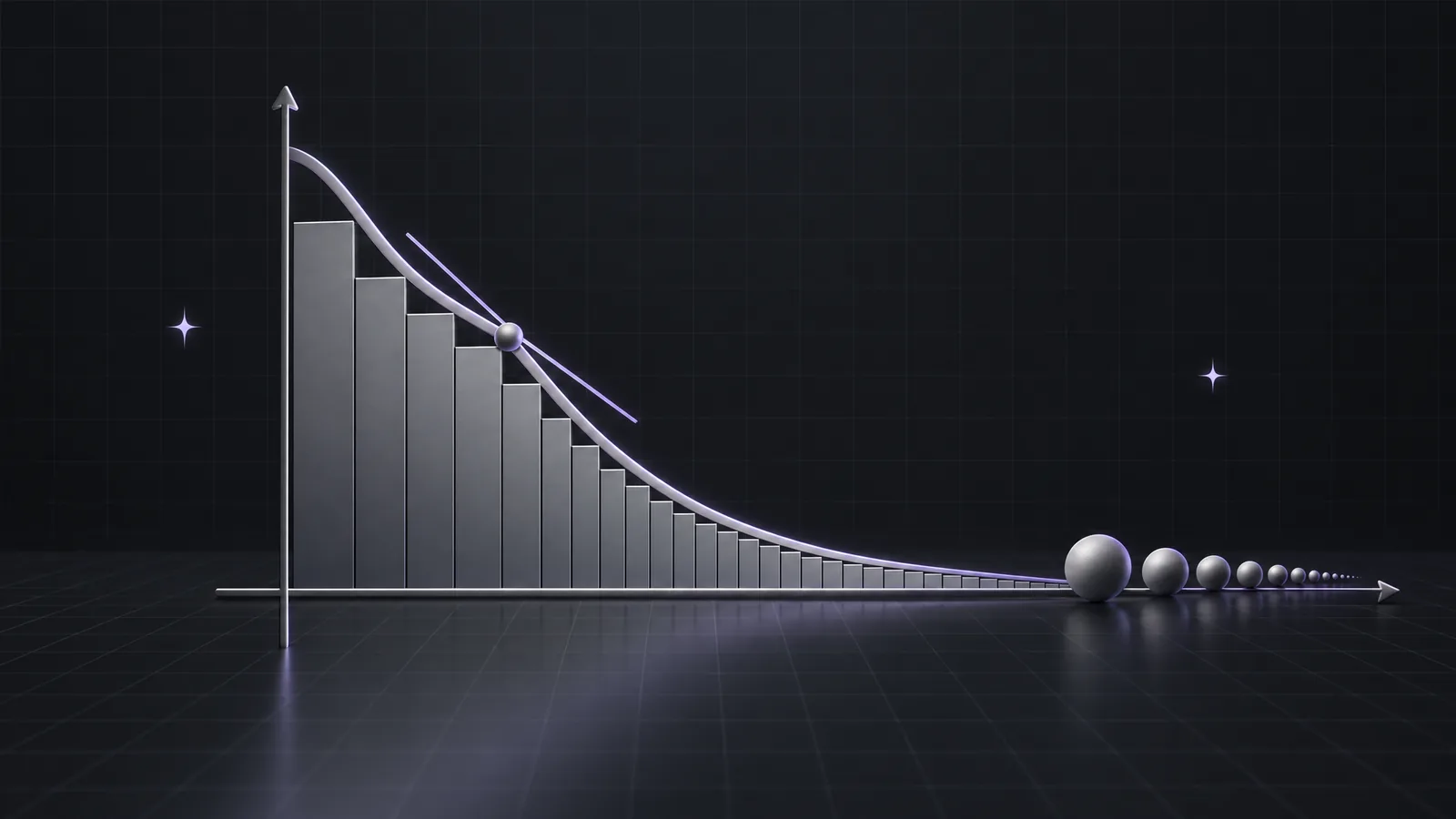 A curve with a tangent line, thin rectangles under it and a row of shrinking spheres on a dark grid