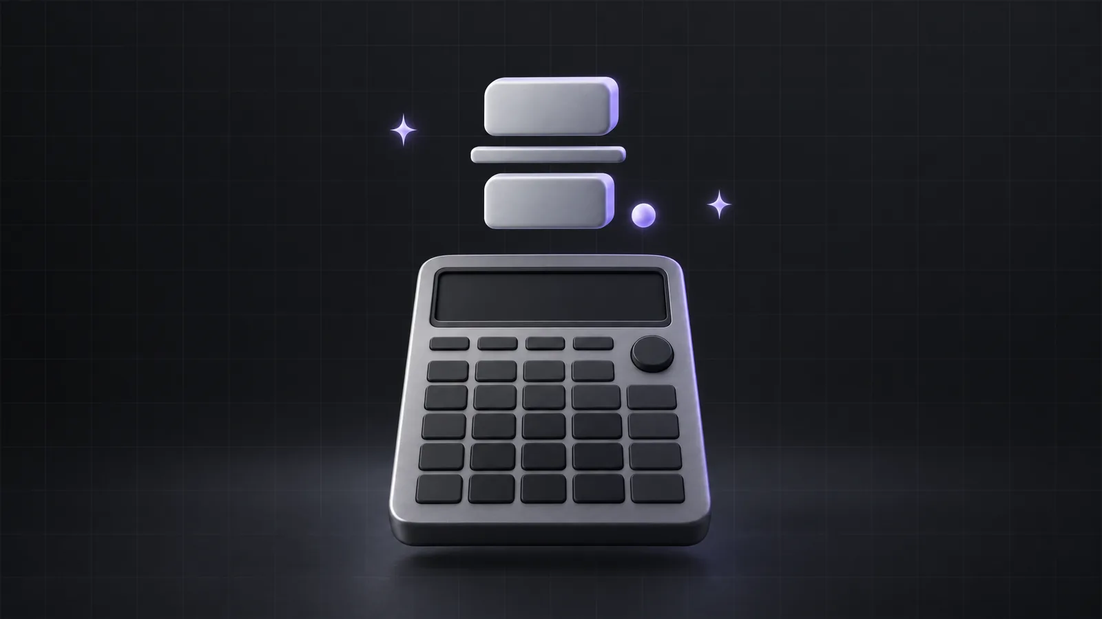 A stacked fraction of two matte bars above a dark calculator display, with a small glowing dot beside it