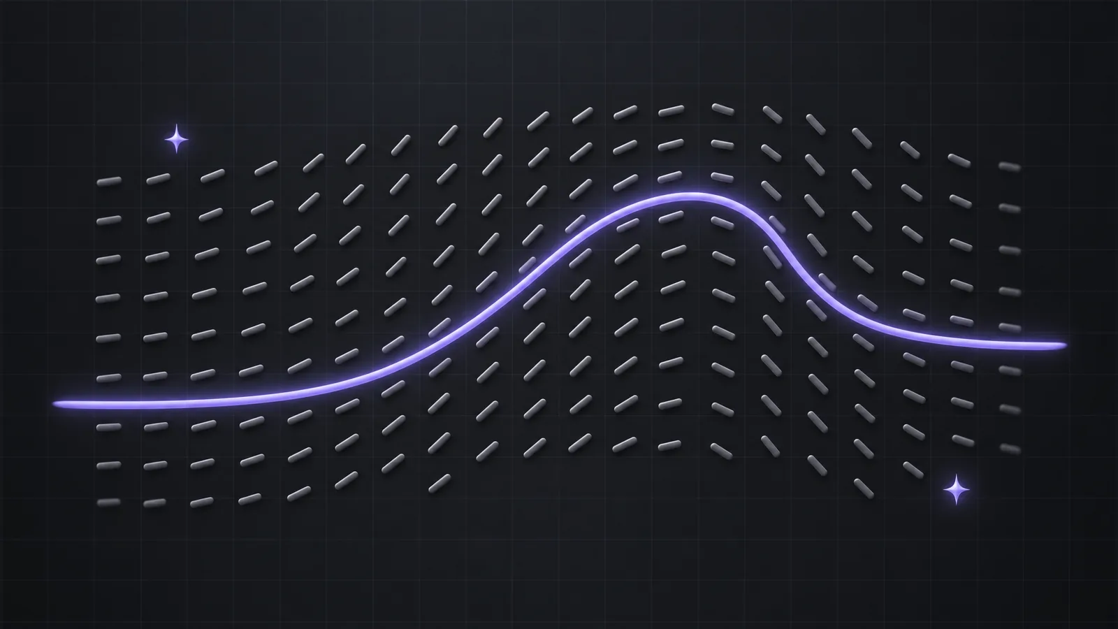 Short graphite dashes forming a slope field on a dark background, with one glowing lilac solution curve running through them
