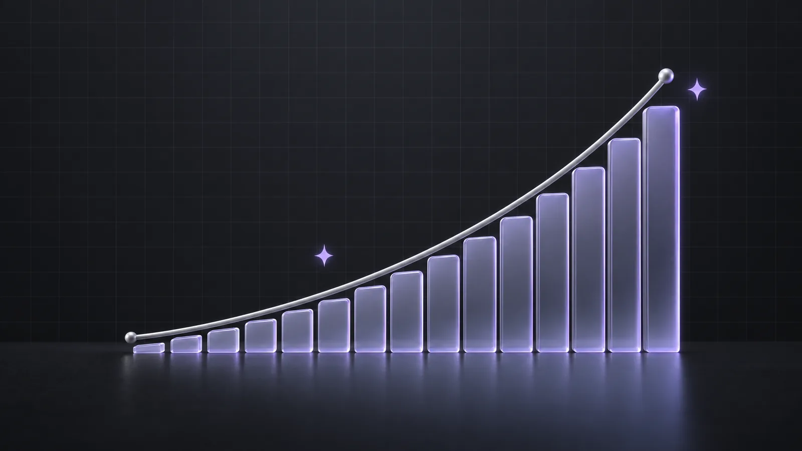 A smooth curve rising over a dark grid above a row of lilac glass bars that fill the area beneath it