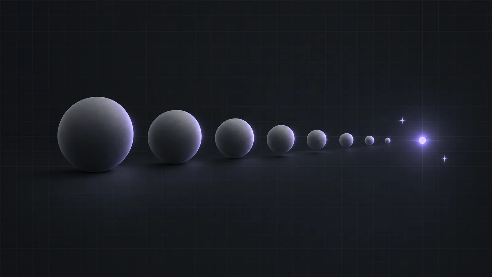 A row of matte spheres shrinking toward a single glowing lilac point on a dark grid