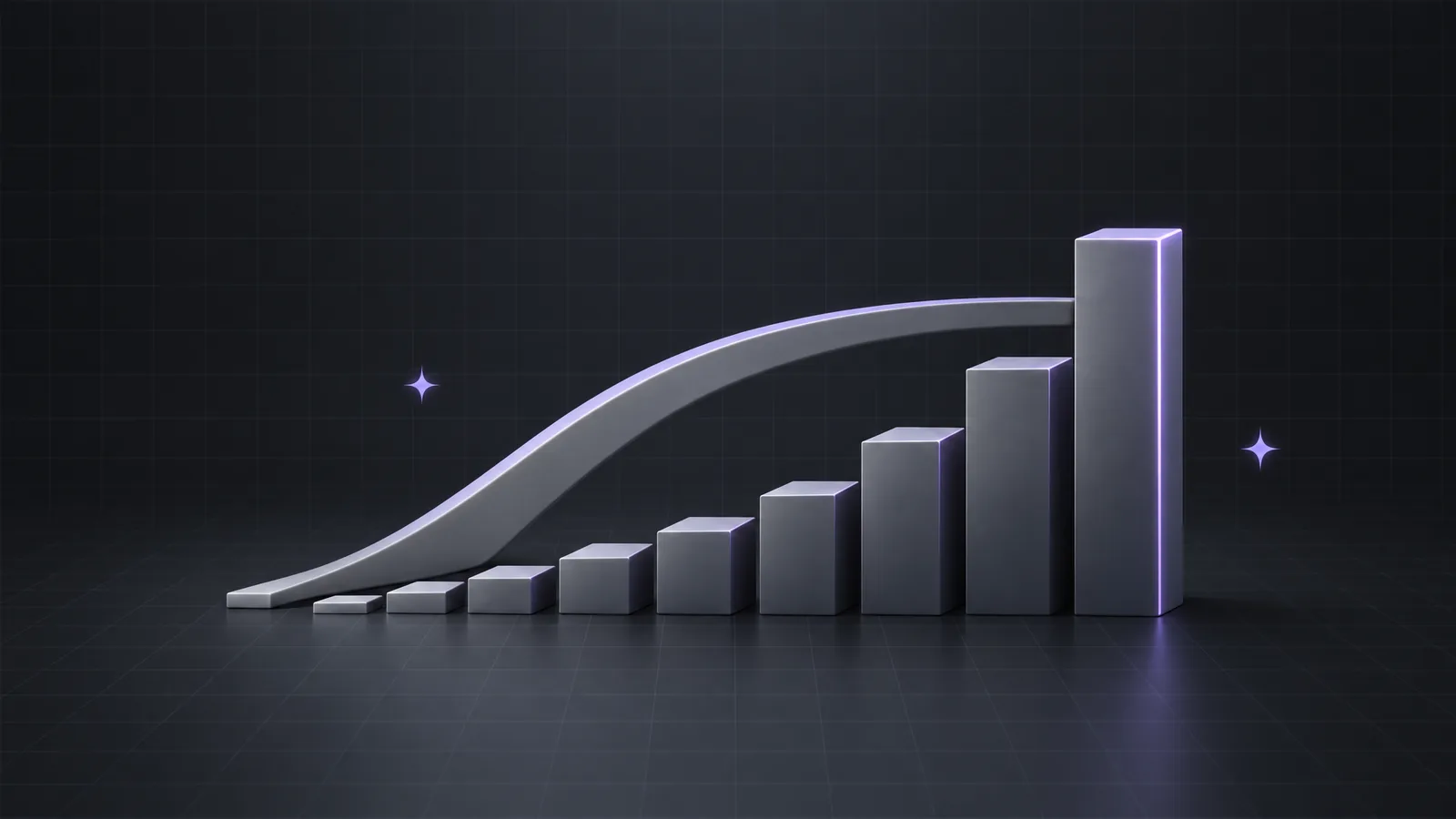 Matte graphite blocks rising in growing steps beside a curved ramp that flattens out, one block edge glowing lilac