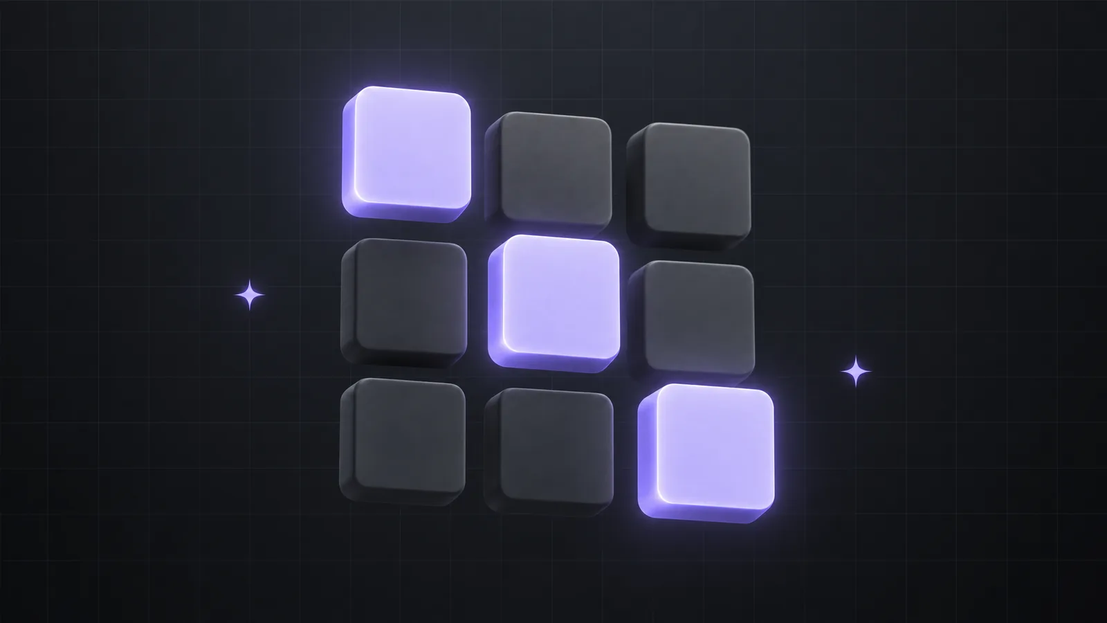 A three by three grid of matte tiles floating on a dark background, the three diagonal tiles glowing lilac