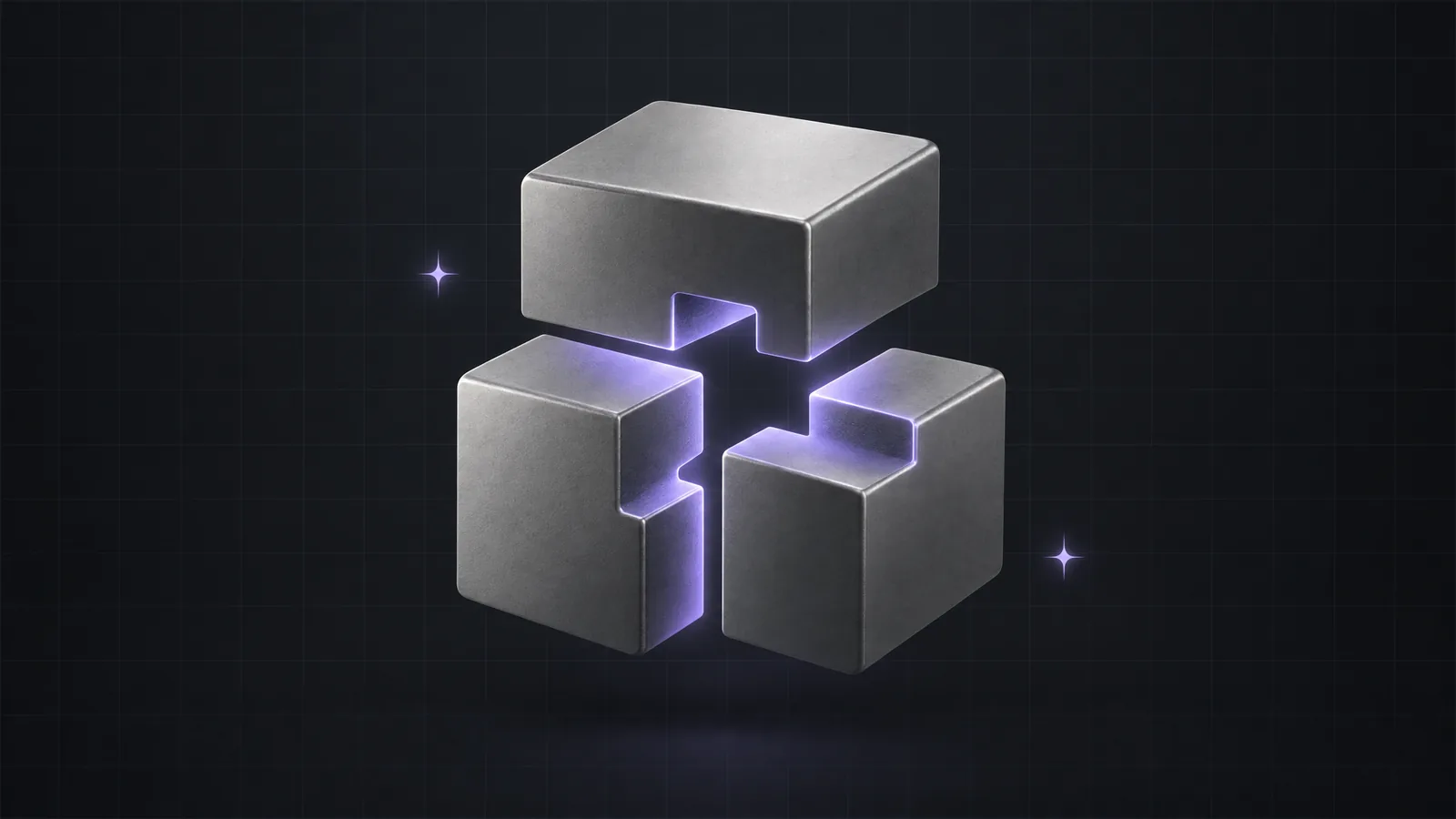A matte titanium block split into three interlocking pieces with lilac light along the seams
