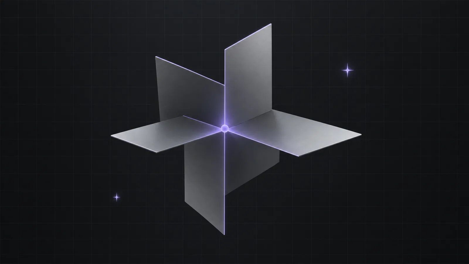 Three thin matte planes crossing each other in dark space, their common point marked by a small glowing lilac sphere