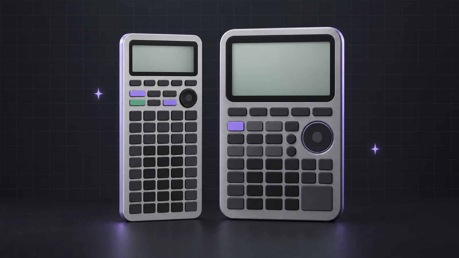 Two blank graphing calculators side by side on a dark surface, a narrow one with many small keys and a wider one with a large screen and a round touchpad