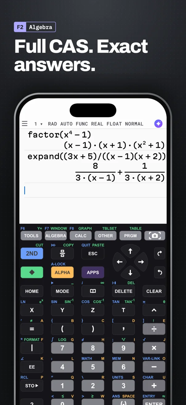 Calc89: Full CAS. Exact answers. F2 Algebra: factor(x⁴−1) = (x−1)·(x+1)·(x²+1) and expand into partial fractions.