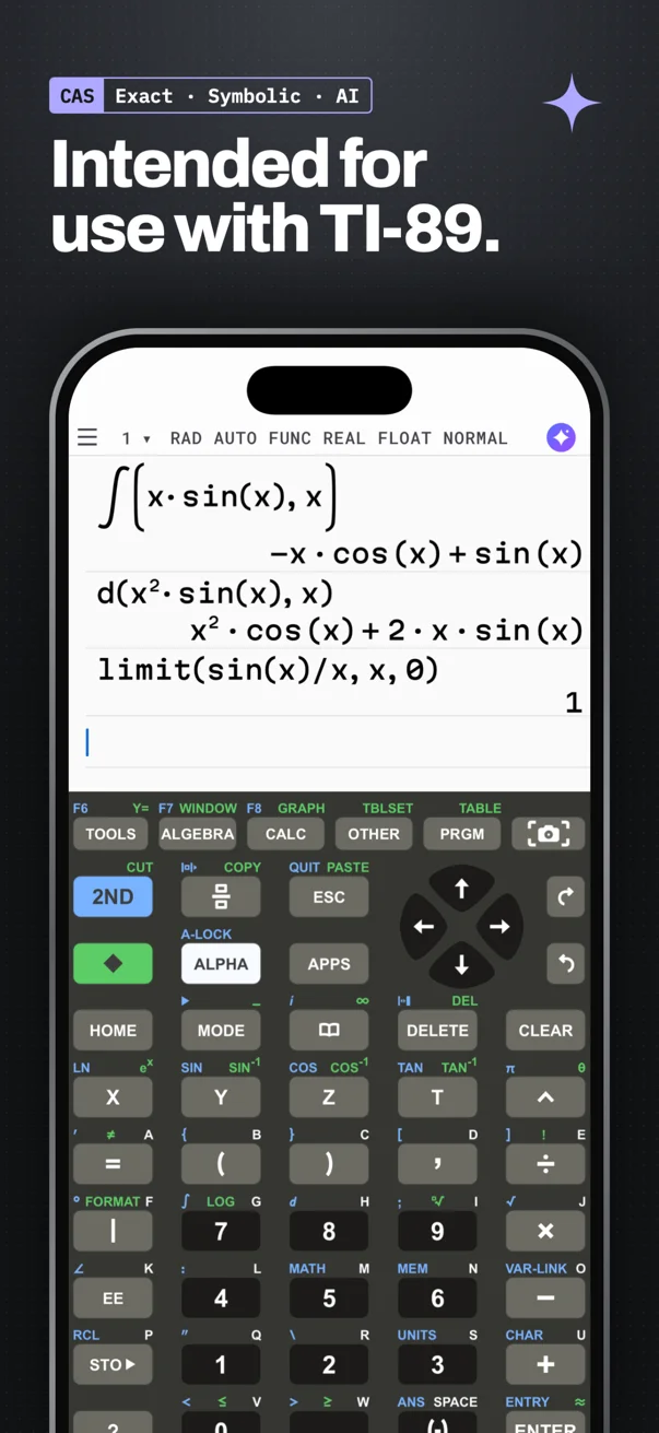 Calc89: Intended for use with TI-89. CAS, exact, symbolic, AI. Home screen with ∫(x·sin(x),x), d(x²·sin(x),x) and limit(sin(x)/x,x,0) solved exactly.
