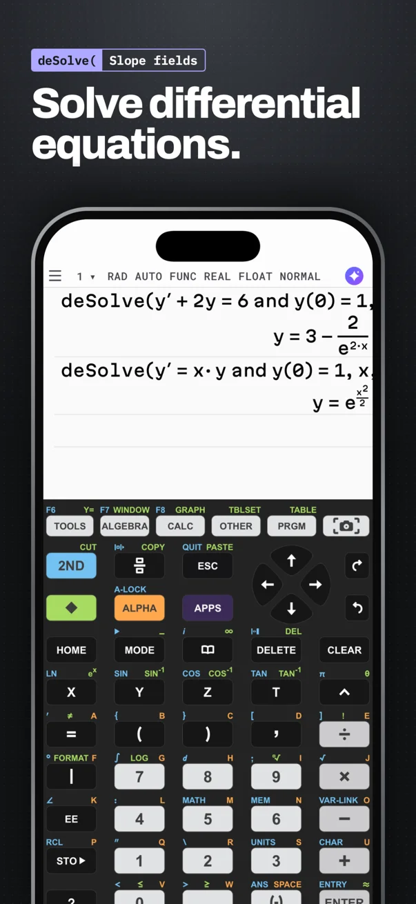 Calc89: Solve differential equations. deSolve(y'+2y=6 and y(0)=1,x,y) = 3−2/e^(2·x) and deSolve(y'=x·y and y(0)=1,x,y) = e^(x²/2), with slope fields.
