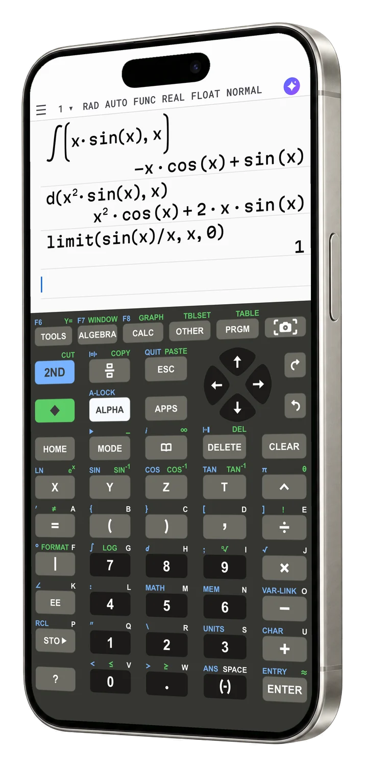 Calc89 running on an iPhone: the CAS home screen shows ∫(x·sin(x),x), d(x²·sin(x),x) and limit(sin(x)/x,x,0) with exact results